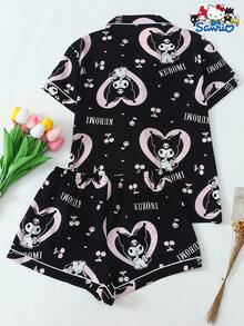 SANRIO [Homely Gents] Conjunto de 2 piezas de top con bolsillo y manga corta con cuello, y shorts con lazo para mujer, adecuado para uso en casa, primavera/verano - Negro - Ver 2
