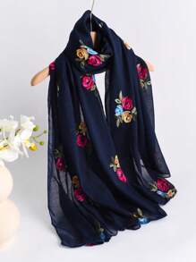1pc Elegant Floral Embroidered Linen Scarf, Fashionable Versatile Hijab/Shawl For Women, Lightweight And Windproof For Outdoor, Daily Wear