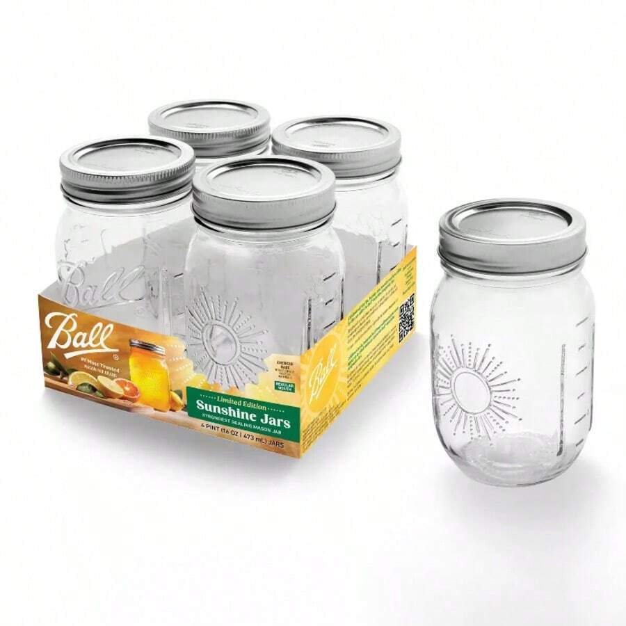 Ball 16oz 4pk Glass Regular Mouth Mason Jar With Band And Lid Sunshine - 1 - View 1