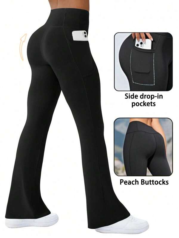 Women's Solid Color Basic Daily Casual Sports Flare Pants With Phone Pocket, High Waist Outdoor Fitness Tight Leggings, Compression Pants Feel
