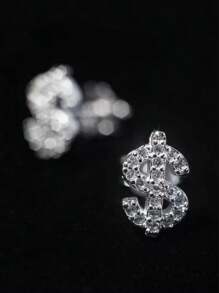 2pcs Cubic Zirconia & Copper Dollar Sign Stud Earrings, Simple Hip Hop Style For Men, Suitable For Daily Wear