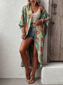 Women's Bohemian Vacation Casual/Long Allover Print Cover Up, Lightweight Allover Print Shawl Wrap Sunscreen Coat, Women Beach Cover Up With Belt, Ideal For Spring/Summer/Autumn