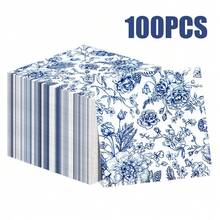 100/60/20 件 13 * 13 英寸一次性蓝色花卉图案餐巾，用于家庭聚会、户外野餐、派对、婚宴、餐厅装饰餐巾