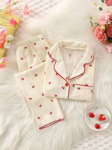 2 piezas Conjunto de ropa de dormir para niña preadolescente: Camiseta de manga corta con estampado de cerezas y pantalón largo, para verano