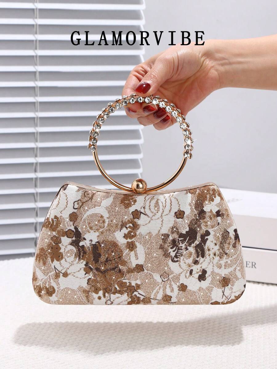 1pc Fashion Embroidered Evening Bag, Paired With Luxury Rhinestone Circle Wrist Strap, Sparkling Clutch With Vintage Elements, Detachable Metal Chain, Suitable For Wedding, Party, Banquet, Ball, Women's Gift, Formal Dress Accessory, Cosmetics Bag