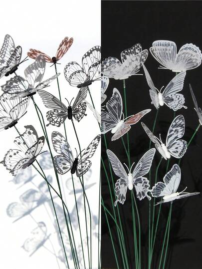 12/24 Pcs Black & White Butterfly Garden Stakes, Waterproof PVC Artificial Butterflies For Wedding Decor, Home Vase Decoration