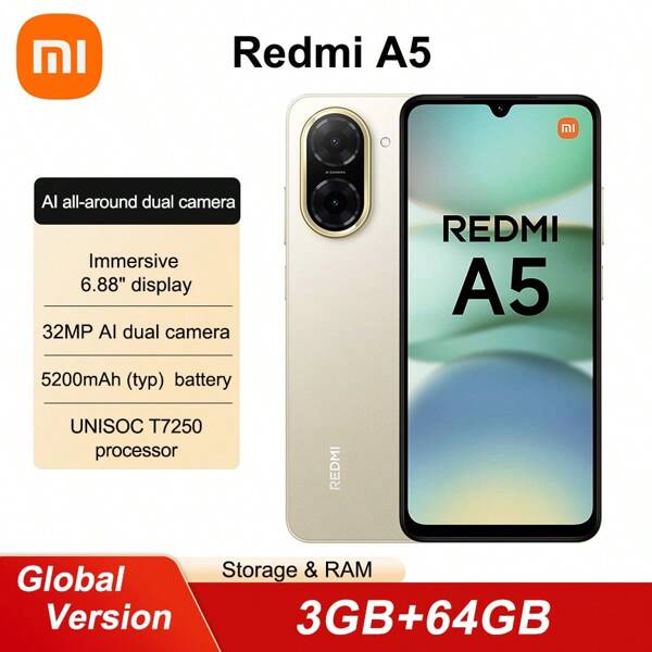 Xiaomi Redmi A5 3Go+64Go 4Go+128Go Version Mondiale Smartphone Capacité de Batterie 5200mAh Charge Rapide 15W Écran Tactile Large 6,88" Double SIM Android 15 Appareil Photo Arrière 32MP