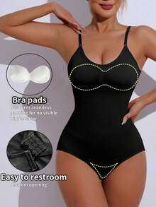 塑身连体裤，带衬垫胸部、收腹提臀功能，褶皱紧身连体裤 - 黑色 - 查看 4