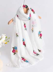 1pc Elegant Floral Embroidered Linen Scarf, Fashionable Versatile Hijab/Shawl For Women, Lightweight And Windproof For Outdoor, Daily Wear