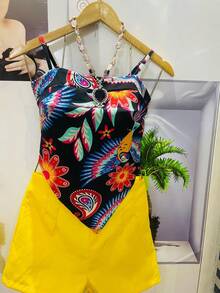 One Size Shirt Set With Tie At The Back And Print, Shorts With Zipper And No Pocket - Yellow - View 3