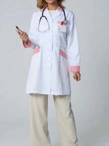 Women Contrast Trim Button Front Lab Coat With Long Sleeves