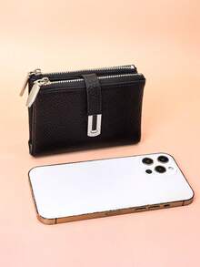 Women's Short Wallet, Soft PU Leather, Solid Color, Fashion Patchwork , Sophisticated Snap Closure, Large Capacity Multi-Card Slots, Functional Card Holder & Coin Purse, Compact & Lightweight, Suitable For Holiday Gifts - Black - View 8