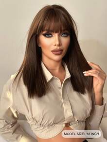 NICKY WALL 18英寸高光咖啡棕色假发，女士中长直发，带刘海，高密度，外观自然，耐热纤维材质，适合魅力女孩日常派对佩戴。 - 挑染棕色 - 查看 4