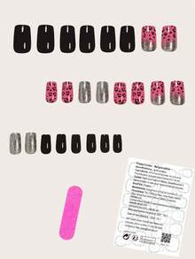 使用 24 件中号方形美甲按压指甲立即提升您的外观，简约优雅豹纹渐变闪光渐变粉色假指甲时尚银色闪光黑点豹纹假指甲全覆盖假指甲适用于女性和女孩，包括 1 张粘合标签和 1 件迷你锉刀条果冻凝胶随机发货指甲用品指甲 - 查看 2