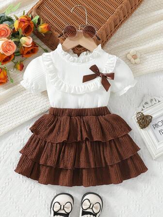 2 Pieces Baby Girl Cute Newborn/Infant Summer Outfit, White Ruffle Collar Blouse With Brown Bow And Matching Shorts, Suitable For Newborn To Toddler