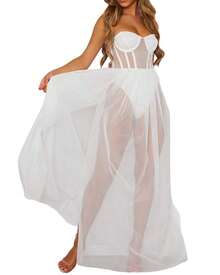 Women Bikini Cover Up Maxi Dress Solid Color Sleeveless Mesh Transparent Long Dress See-Through High Split Beachwear - trắng - Xem 2