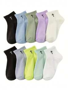 10 Pairs Women Cross Pattern Design Soft Short Socks, Comfortable Moisture-Wicking Casual Socks For Spring And Summer, Soft Feel Socks, Cute Socks - Multicolor - View 2