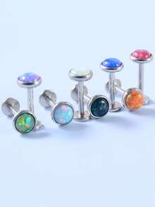 4 件套，包括 3 件不锈钢平背软骨耳环鼻环耳钉 1.2 毫米耳屏穿孔珠宝，适合女性，合成蛋白石唇螺唇钉穿孔珠宝和 1 件接待别针作为礼物 - 彩色 - 查看 5