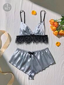 1 Set Pigiama da donna sexy in 2 pezzi, con top in pizzo traforato, in seta charmeuse elasticizzata