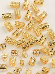 50 Stücke/Set elegante Vintage Gold Haargummis - Metall Haarflechten Perlen, elaboriertes Design, geeignet für Zöpfe, Cut Out-ovale einfarbige Haarschmuck-Set, Haarflechtendekoration | Anmutige Haargummis | Metall Haarringe, Haarschmuck