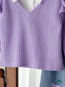 Young Girl Casual Long Sleeve 2 In 1 Top And Denim Pants Set