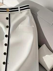 Women's Front Button A-Line Midi Skirt With Unique Design, Flattering - White - View 3