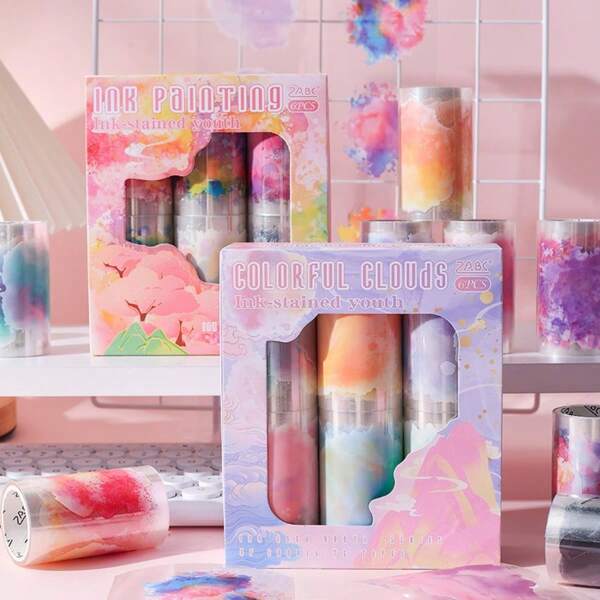 6 Rolls/Box Colorful Cloud Pattern PET Adhesive Tape - DIY Scrapbook And Journal Stickers, Soft And Vibrant Colors, Ideal For Gifts, Crafts And Decorative Cards, Includes Gift Box, Scrapbooking Stickers Back To School