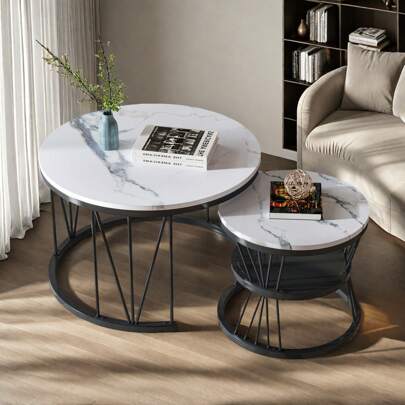 Tavolino (set da 2), tavolino da divano, tavolino impilabile, soggiorno, balcone, ufficio, tavolino laterale, struttura in metallo, nero