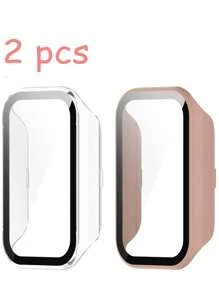 Pacote com 2 capas rígidas de PC para smartwatch Xiao Mi Smart Band 8 Active, protetor de tela de vidro temperado completo, capa protetora anti-goma para Mi Band 8 Active e Xiao Mi Redmi Band 2. A capa rígida de PC protege o relógio contra danos em esportes ao ar livre, uso diário e outros acessórios para cenas, homens e mulheres.