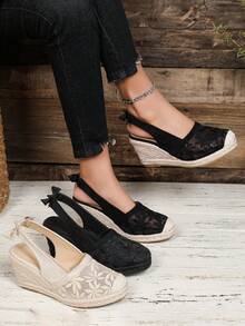 女士透气蝴蝶结橡皮筋绳时尚轻便坡跟鞋 - 黑色 - 查看 7