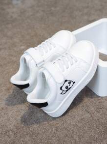 1 Paio di Sneaker Casual Bianche Versatili per Bambini, Scarpe Piatte Studente Comode e Traspiranti con Ricamo cartoni animati, Scarpe da Ginnastica Sportive di Stile Campus alla Moda