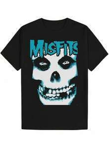 Men's Misfits Graphic T-Shirt - Black Short Sleeve Crewneck With Skull Design, Casual Summer Polyester Tee For Men, Skull T Shirt - 黑色 - 查看 2