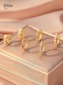 Hihho 6pcs Set Of Sparkly Zirconia Inlaid Heart Hoop Earrings, Luxury Jewelry Gift, Perfect For Valentine's Day - Yellow Gold - View 2