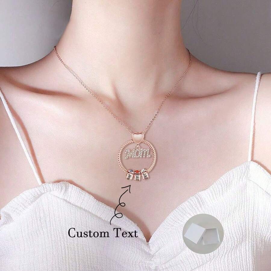 1pc Customized Birthstone Necklace, Engraved With Name/Letter/Date. Can Accommodate 1-5 Birthstones In Colorful Heart Shaped Pendant. Suitable As Mother's Day, Birthday, Graduation Or Any Occasion Gift For Yourself, Family And Friends. - Multicolor - View 1