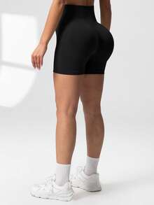 Women's Butt Lifting Seamless High Waisted Solid Shorts, Fashion Tight Casual Yoga, Running, Cycling, Black Shorts - Black - View 3