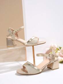 Sandalias de tacón alto de 5cm para mujer de tallas grandes, nuevas de moda para primavera/verano 2025, cómodas de PU con suela antideslizante, talón grueso, talón cerrado, punta abierta, hebilla y lazo, punta redonda, estilo gladiador, en color plateado brillante, aptas para viajes, vacaciones, uso casual, compras, baile y fiestas