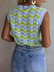 1pc Contrast Color Striped Knitted Mesh Sweater Top, Bright And Fluorescent Colors For Summer - Multicolor - View 2