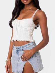 Women Lace Trim Tank Top, Cute Tops For Teens, Solid Color Summer Spaghetti Strap Cami Shirt Going Out Top - 白色 - 查看 2