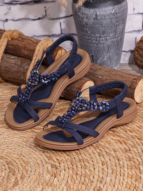 Plus Size Women Hollow Out, Rhinestone Flower Decor, Flat Sandals, Bohemian Style Comfortable Beach Shoes