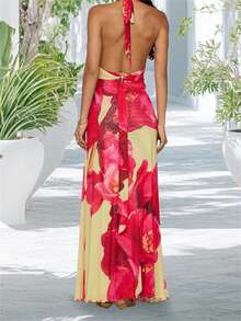 Women Long Dress, Sleeveless Halter Dress Backless Flower/Dots Print Summer Cocktail Dress - 紅色 - 查看 6