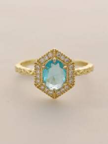 Flyleaf 1 Piece Vintage S925 Sterling Silver 14K Gold Color Geometry Blue Artificial Topaz Open Ring For Women Party Banquet Engagement Fine Jewelry
