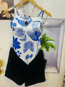 One Size Shirt Set With Tie At The Back And Print, Shorts With Zipper And No Pocket - Blue and White - View 1