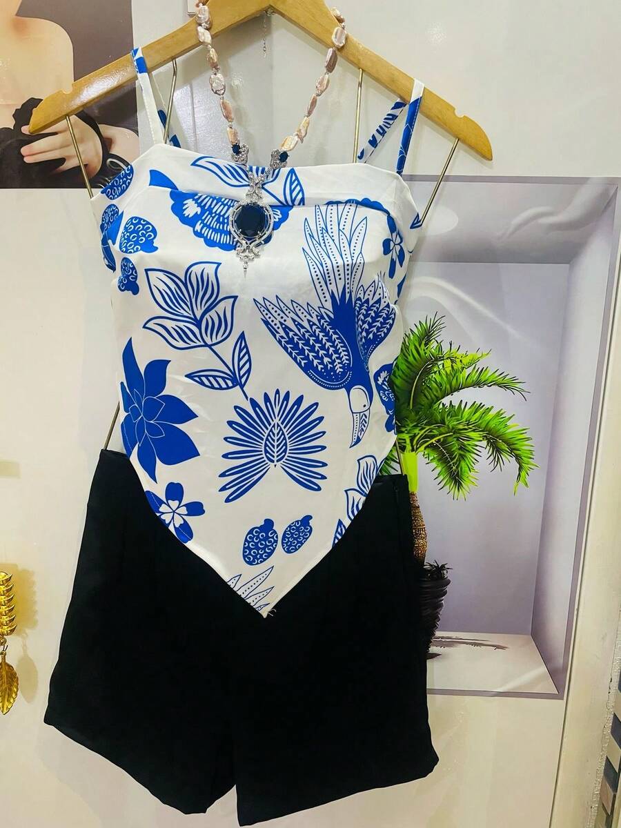 One Size Shirt Set With Tie At The Back And Print, Shorts With Zipper And No Pocket - Blue and White - View 1