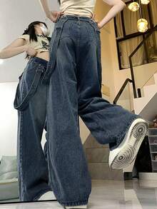 Quần Jeans Ống Rộng Lưng Cao Rộng Có Thể Tháo Rời Dây Đeo Cổ Điển - Rửa tối - Xem 3