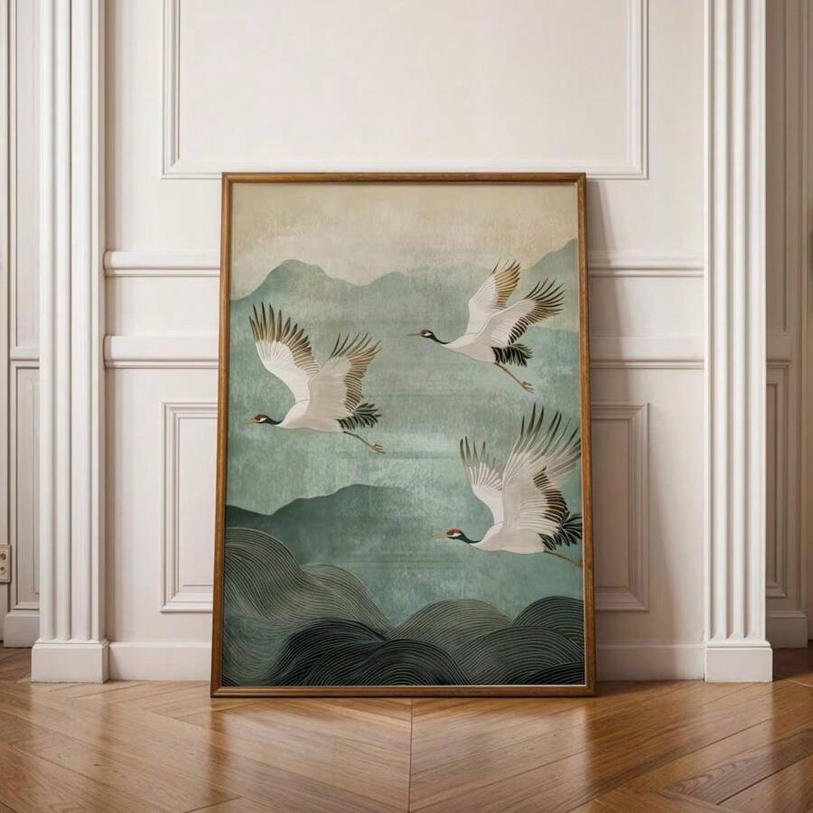 1 pezzo cartellone da parete con stampa su tela di gru volante in stile zen giapponese, senza cornice, arte astratta minimalista giapponese di wabi sabi vintage, per appartamento, soggiorno, camera da letto, decorazione moderna per la casa
