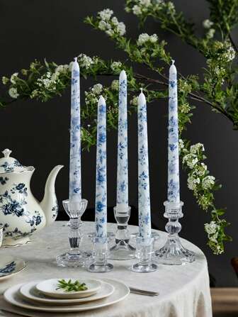2pcs, Two Blue And White Pattern Long Pole Candles, 9.84-Inch Vintage Pattern Table Candle Decoration, Chinese Style Flower Long Pole Candles, Wedding Banquet Decoration Atmosphere, Festive Atmosphere Candles, Valentine's Day Candles, Suitable For Wedding, Dinner And Home Decoration, Party Decoration Candles, Family Dinner Table Decoration Candles
