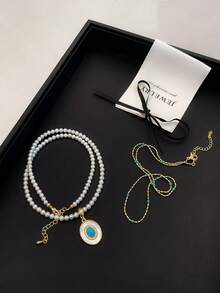 Pearl Jewelry Set, 3-4mm 4A Grade High Quality Freshwater Pearl + Turquoise Necklace, Near Round Shape, Elegant And Classy, Adjustable Clasp For Versatile Styling, Perfect For Mother's Day, Valentine's Day, Wife, Girlfriend Gifts. Comes With Delicate Gift Box. Quality Pearl Brand SXYUNUO. - White - View 6
