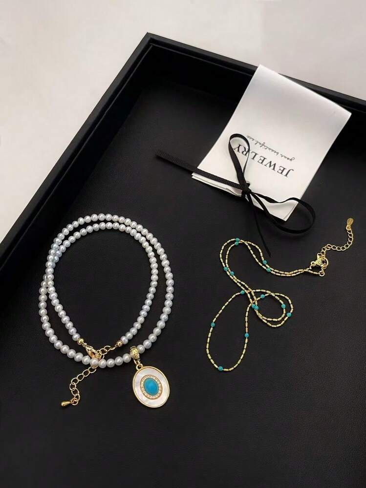 Pearl Jewelry Set, 3-4mm 4A Grade High Quality Freshwater Pearl + Turquoise Necklace, Near Round Shape, Elegant And Classy, Adjustable Clasp For Versatile Styling, Perfect For Mother's Day, Valentine's Day, Wife, Girlfriend Gifts. Comes With Delicate Gift Box. Quality Pearl Brand SXYUNUO. - White - View 6