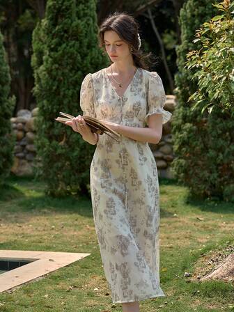 Simple Retro Frühlings-Sommer Gewebekleid mit V-Ausschnitt, kleinem Blume Muster und Puffärmeln