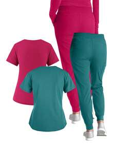 (Four-Piece Set) Scrubs Uniform Women's Running Matte Elastic Sports Nurse  Uniform Wash Clothes Work Clothes Breathable Scrub Shirt - 綠色 - 查看 2